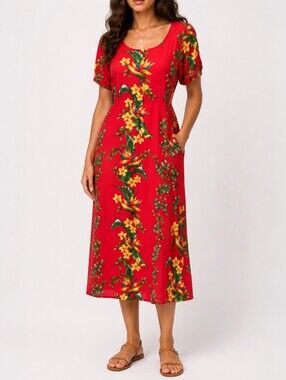 Vintage Shannon Marie Hawaiian Bird of Paradise Plumeria Midi Dress Resort USA S